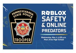 Pennsylvania State Police Trooper badge with event details on online safety.
