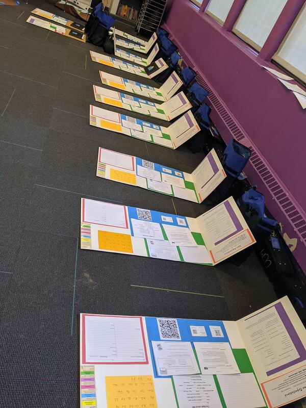 Image shows a row of posters on the floor