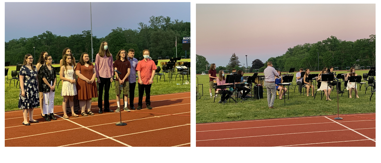 students in jazz band and jazz chorus performing outside