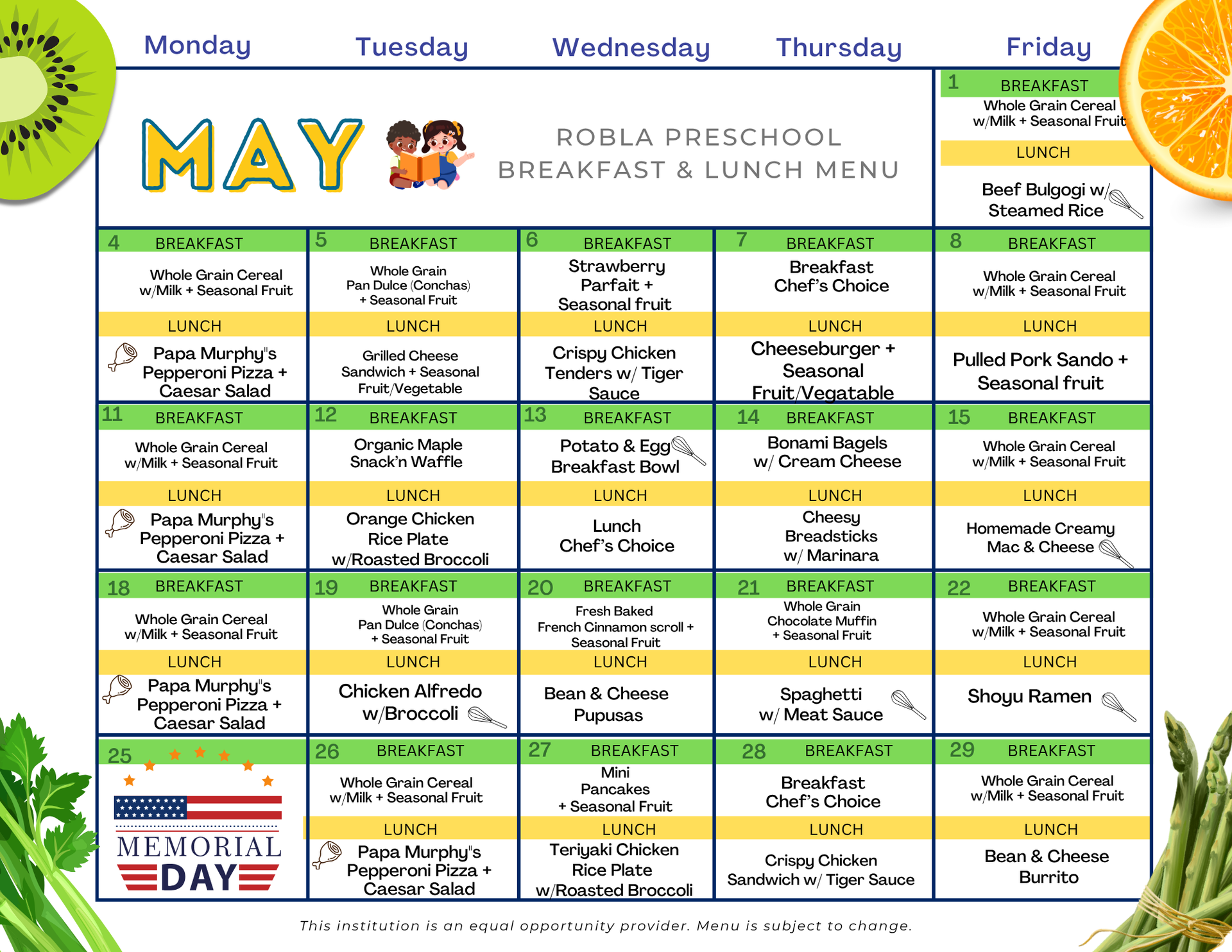 Preschool Breakfast & Lunch - May