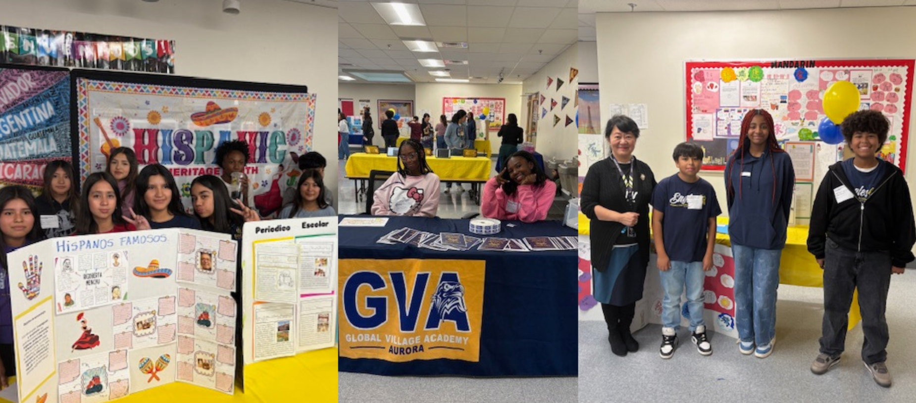 A school event showcasing Hispanic Heritage with students, exhibits, and staff.