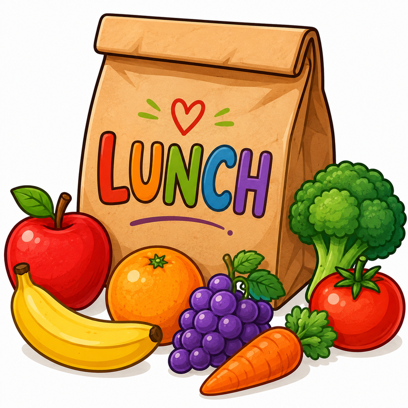 A colorful lunch bag surrounded by various fruits and vegetables.