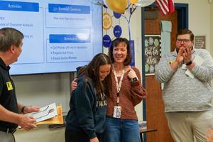 Michelle Discavage hugs Zoey Beckham during class surprise