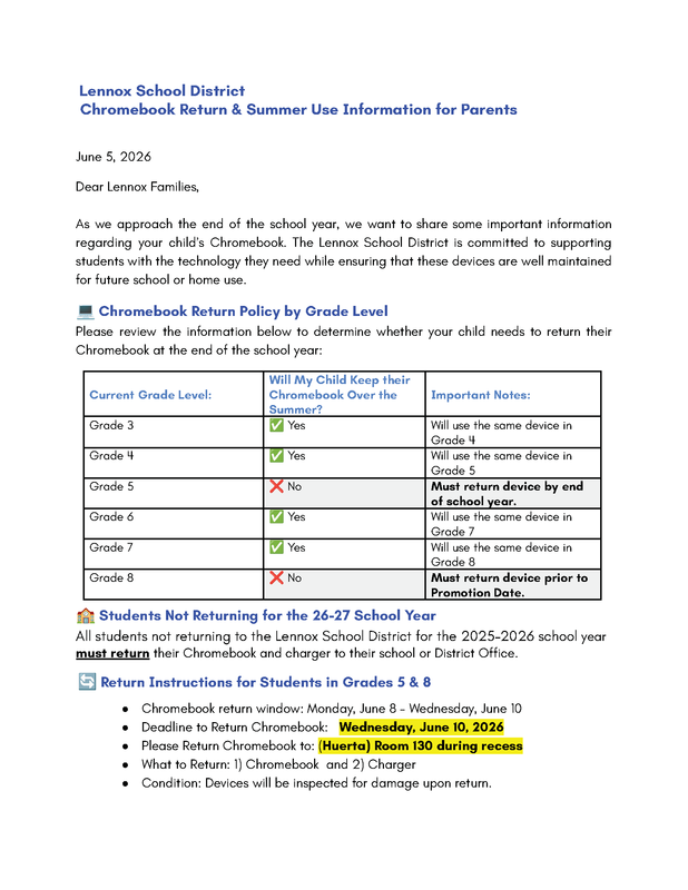 Lennox Chromebook Return & Summer Use Information