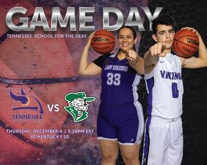 A female player in a purple uniform and a male player in a white uniform, both pointing forward, on a basketball Game Day flyer