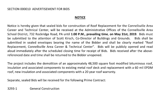 Connellsville Area School District is now accepting bids for a roof replacement Featured Photo