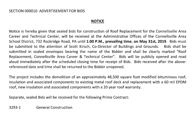 Connellsville Area School District is now accepting bids for a roof replacement