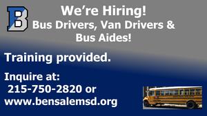 Hiring advertisement for bus drivers, van drivers, and aides with contact info.