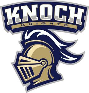 knoch knight logo featuring knoch in script with knight head underneath