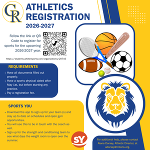 **Alt text:**  Promotional flyer for **Chestnut Ridge Athletics Registration 2026–2027** in blue, gold, and white. The flyer encourages students to register for school sports by scanning a QR code or visiting **[https://students.arbitersports.com/organizations/20745](https://students.arbitersports.com/organizations/20745)**.  A **Requirements** section lists:  * Complete all required registration documents. * Submit a sports physical dated after May 1 before participating in practice. * Pay the registration fee.  A **SportsYou** section explains that students should download the SportsYou app to register for teams, receive schedule updates and open gym information, communicate with coaches, and sign up for strength and conditioning to view summer weight room schedules. The SportsYou logo i