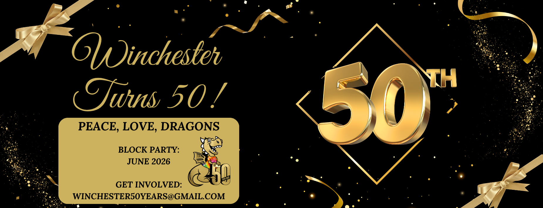 Black and gold graphic with a large "50" and words to spotlight the 50th anniversary of winchester.