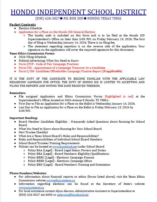 Cover sheet to the School Board Election Packet