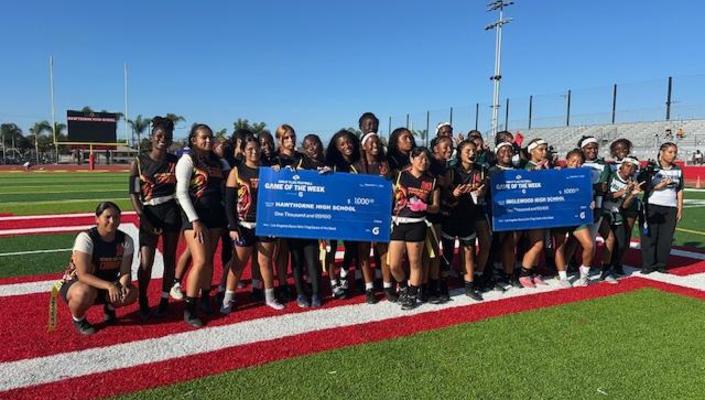 Picture of girls flag football team members: Hawthorne and Inglewood High Schools
