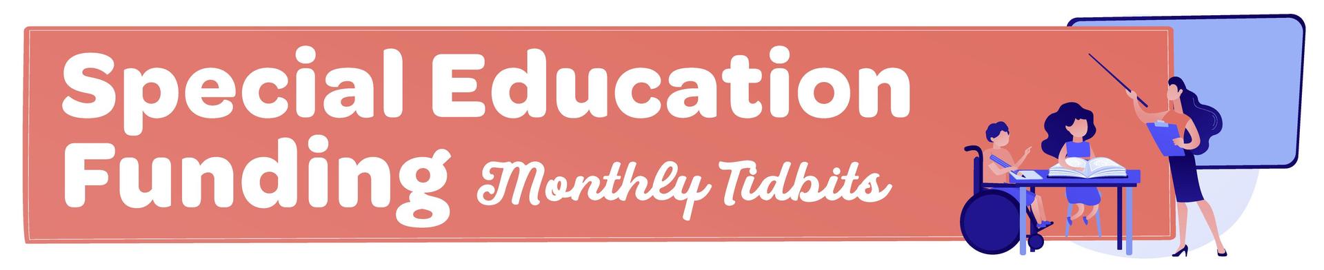 Special education funding banner with a teacher pointing at a board and two students, including one using a wheelchair, studying at a table.