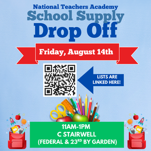 Clip art for the August supply drop off on August 14, 2026 from 11am until 1pm.