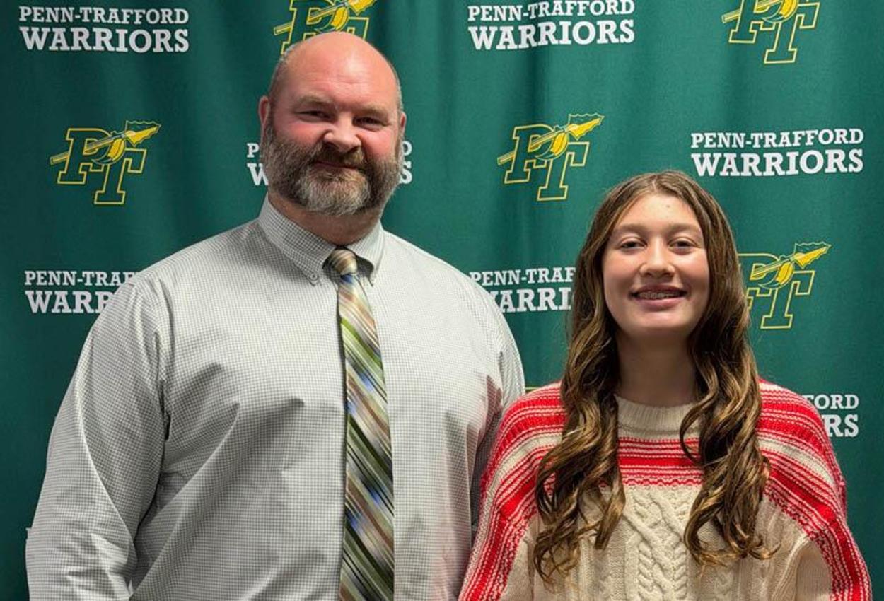 Penn Middle School principal with the January 2026 student of the month, Natalia Gunstrom