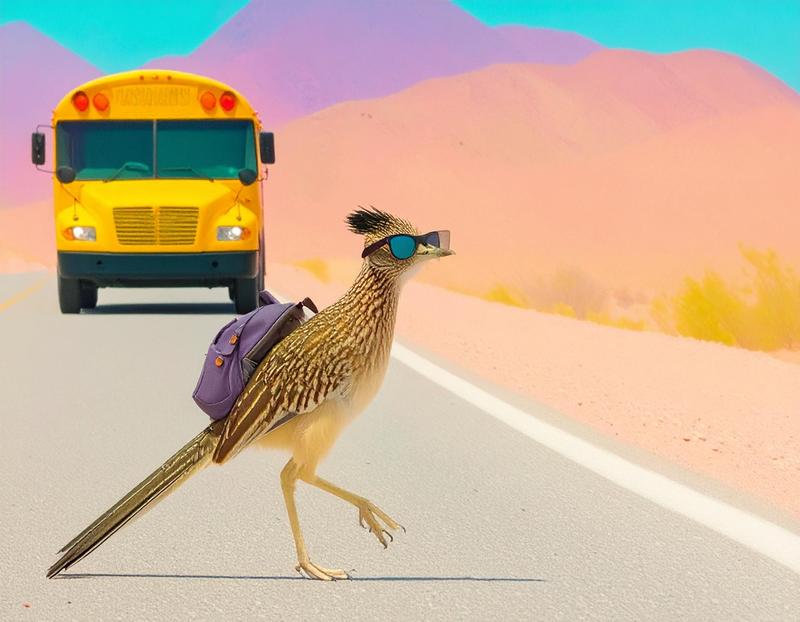 A roadrunner wearing a backpack and sunglasses with a bus in the background.