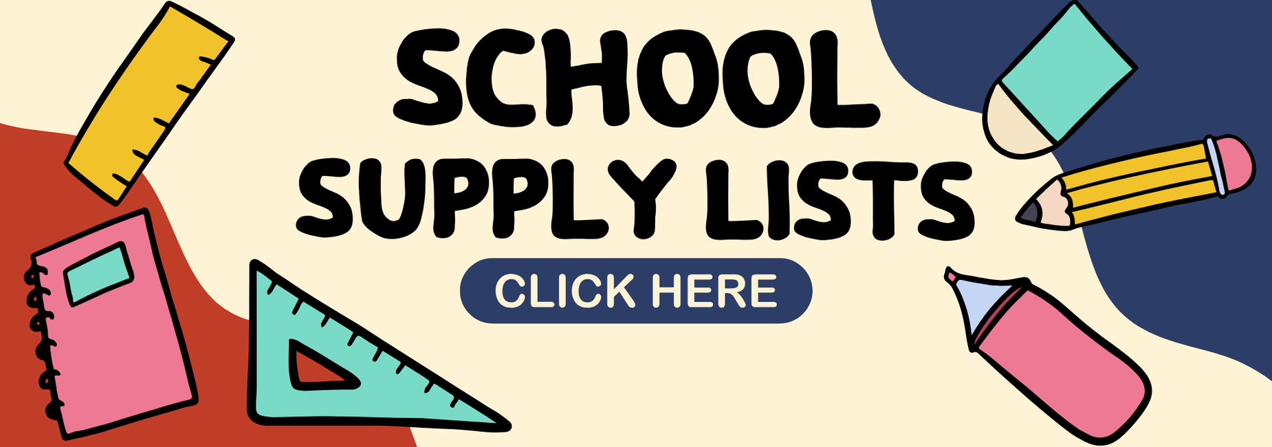 School supply lists with various colorful school supplies illustrated.