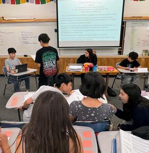 SPMS 7th graders act as witnesses, prosecutors, and defense attorneys during a recent mock trial overseen by Judge Danielle Colón O’Sullivan. (Photo Courtesy of South Pasadena Unified School District)
