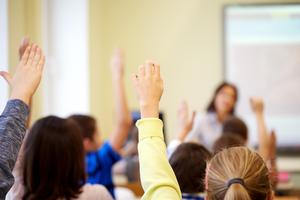 A group of students raise their hands.