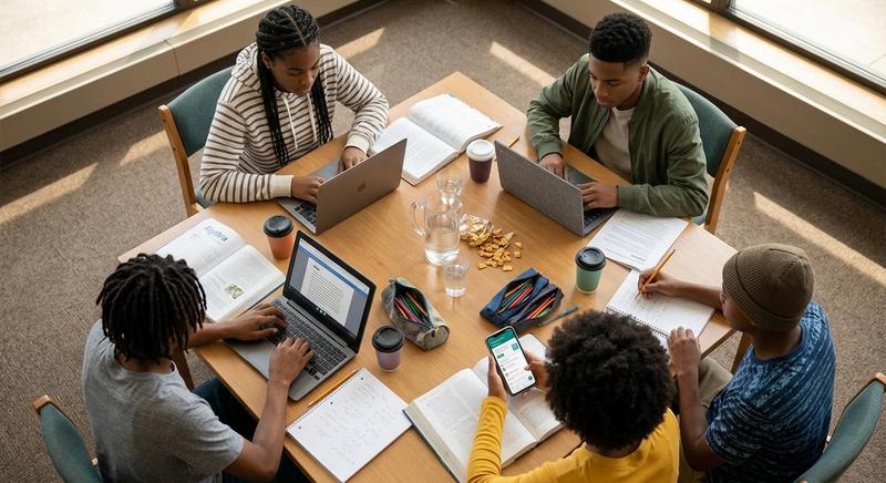 5 students doing homework