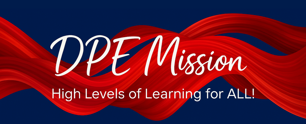 Decorative graphic with red waves and text emphasizing the learning mission of DPE.
