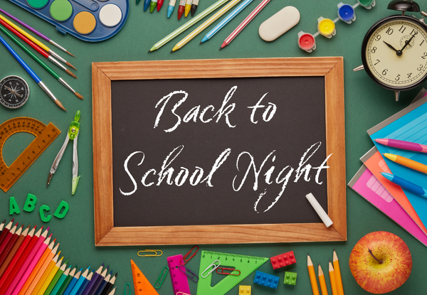 Back to school night with school supplies in the background