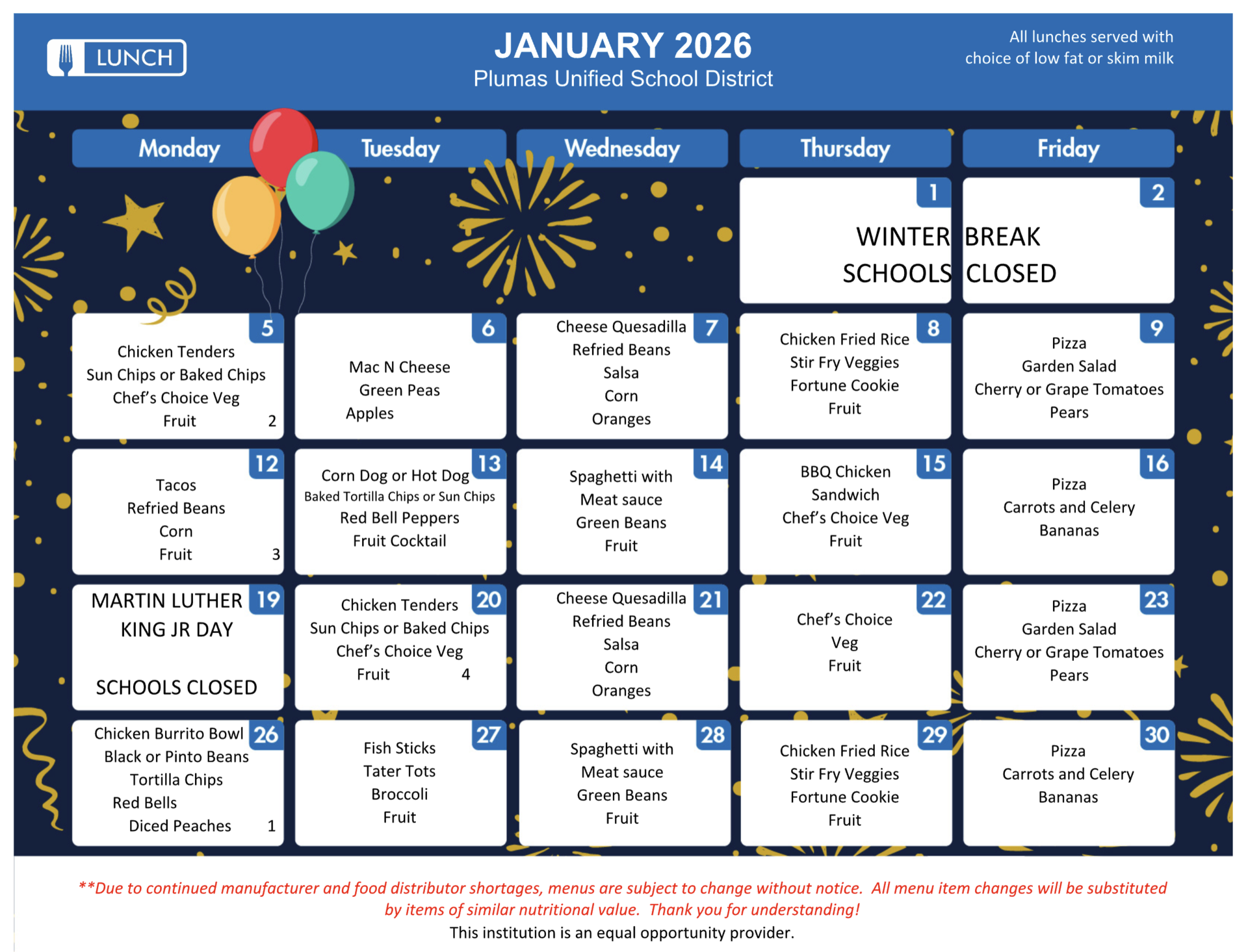 January 2026 Lunch Menu