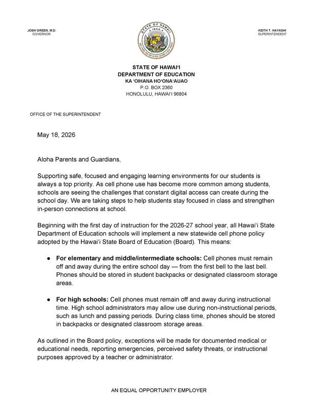 Superintendent's Letter - HIDOE Cell Phone Policy Letter to Parents