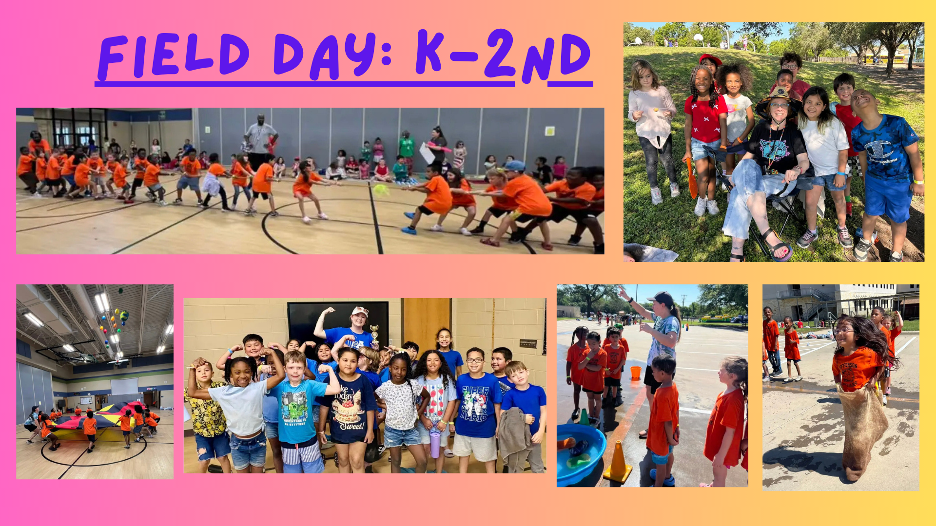Pictures of Kindergarten, first, and second grade students participating in the Jefferson's field day.