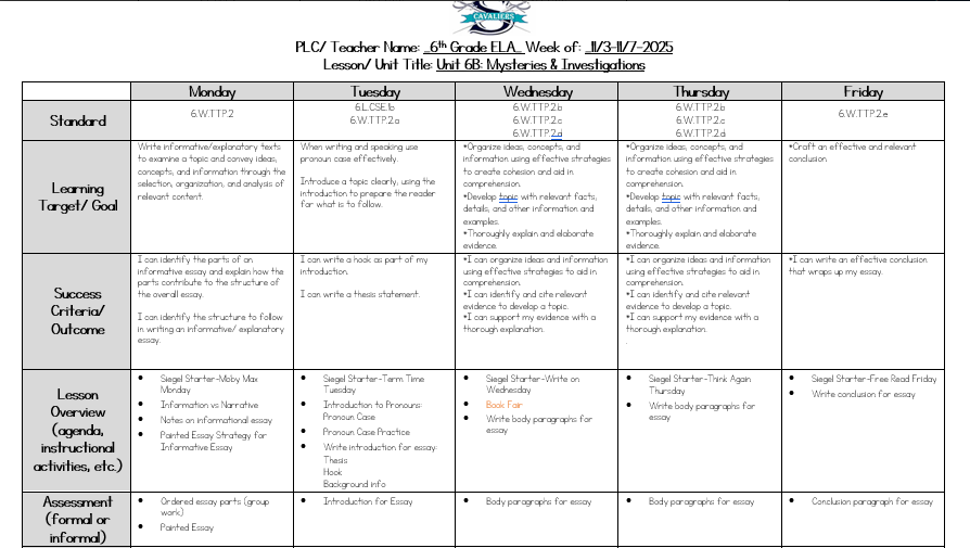 ELA Lesson Plans Nov 3 - 7