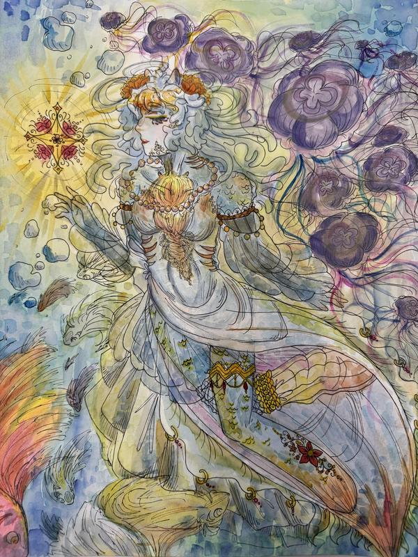 “‘Sea of Luna,’ a mixed-media artwork by Vanessa Gabis. The image shows a flowing, underwater-inspired figure surrounded by swirling lines, jellyfish-like forms, and floating organic shapes. Soft blues, purples, yellows, and pinks blend across the composition, creating a dreamlike ocean atmosphere. Delicate linework and layered textures suggest movement, light, and depth, with decorative patterns and celestial elements integrated throughout the scene.”