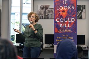 Julie Berry speaks with students