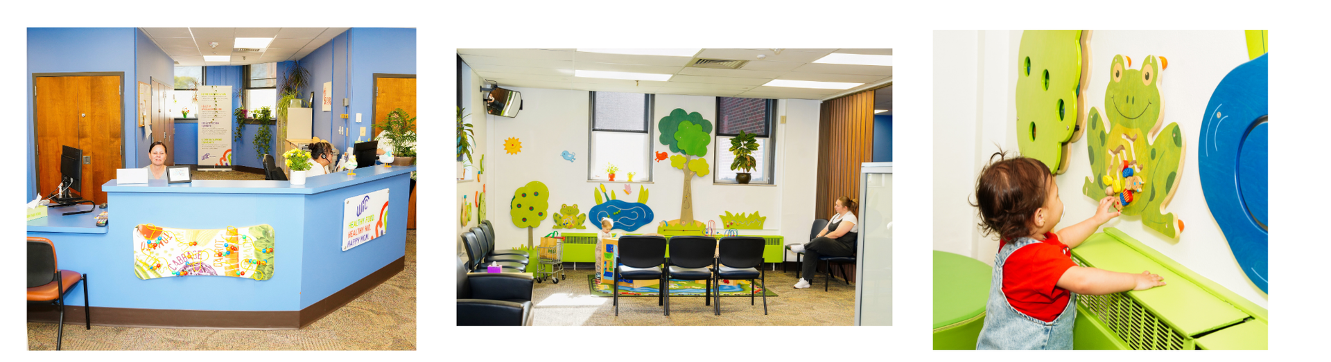 WIC welcome desk, a toddler playing with a toy, and the waiting room.