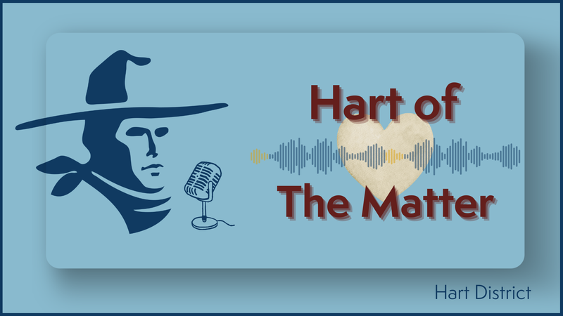 Blue graphic with cowboy symbol, microphone, and heart with audio waves