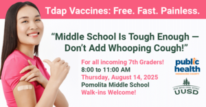 photo of female vaccine recipient with info about the Tdap clinic