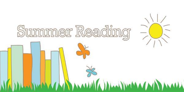 Summer Reading text with green grass and books in the background