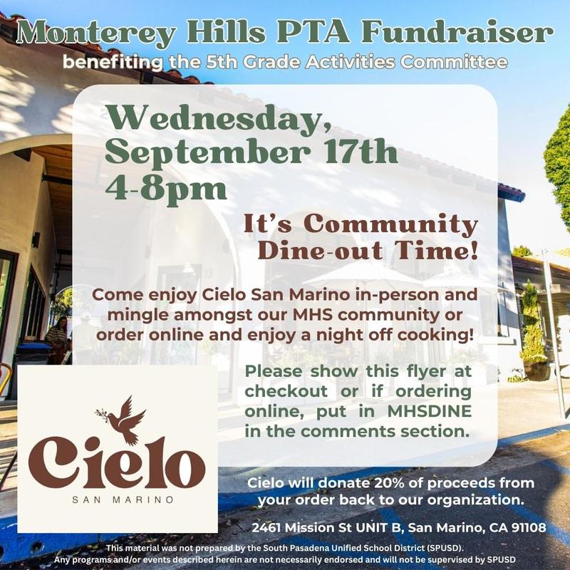 5th Grade Fundraiser: Dine Out Cielo San Marino - Wed. Sep. 17 Featured Photo