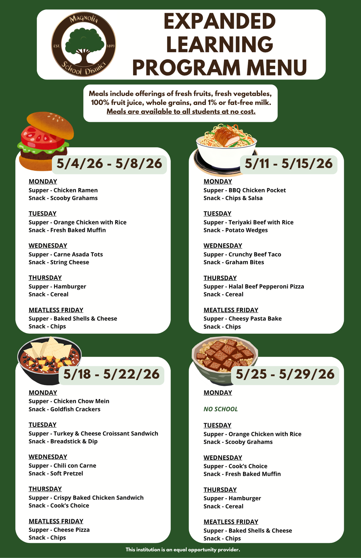ELP Supper and Snack Menu for May 2026