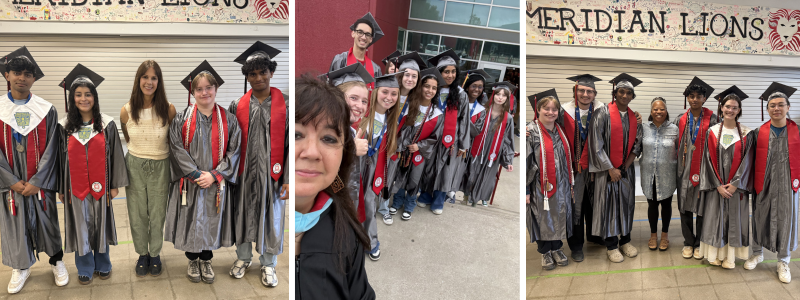 Students stand in graduation gowns, caps, and red stoles, with teachers and principal
