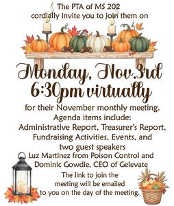 November PTA Meeting Monday, Nov 3