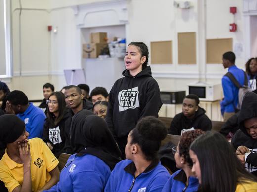 Student speaks during Town Hall Meeting.
