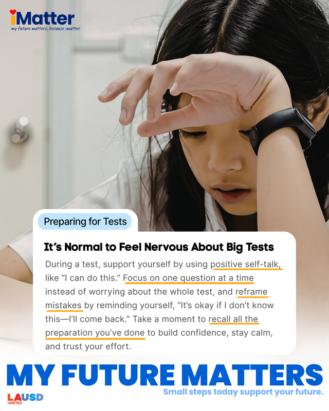 Social media post normalizing feeling nervous before a test.