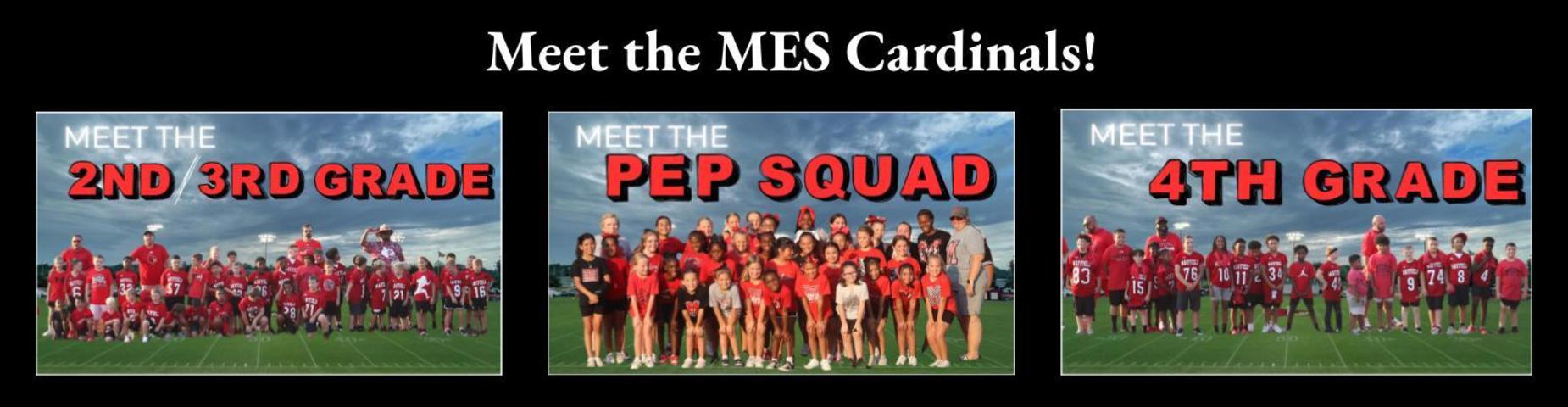 Reads "Meet the MES Cardinals!" and has group pictures of the 2nd-3rd grade football team, the Pep Squad and the 4th grade football team.