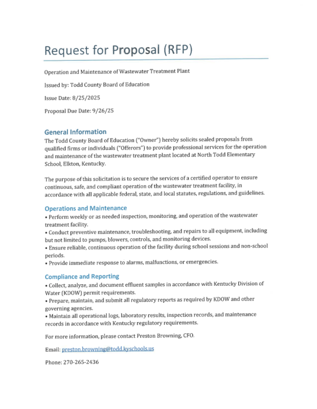 RFP for Operation and Maintenance of Wastewater Treatment Plant Featured Photo