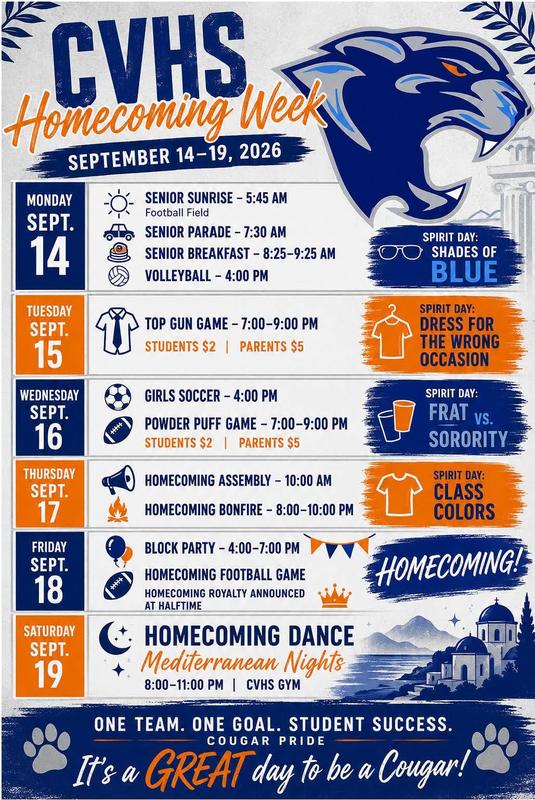 entire homecoming week schedule on a flyer - all info is posted in calendar