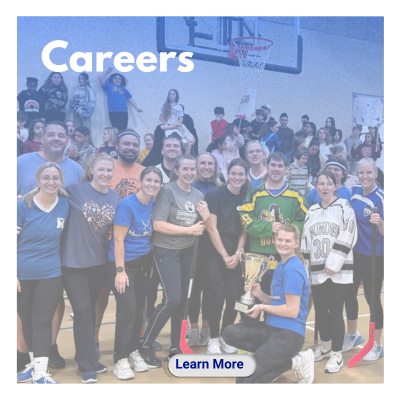 Careers square link, photo of teachers with floor hocky award