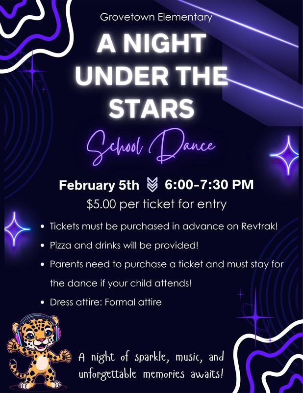 Flyer with details for the Feb. 5, 2026 GTE school dance