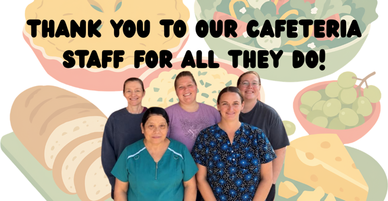 Group of cafeteria staff smiling with food illustrations in the background.