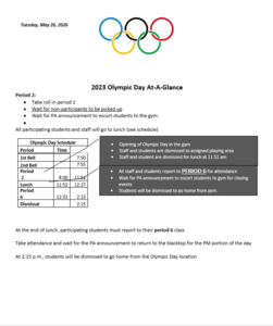 Olympic Day, Tuesday, May 26th - Schedule